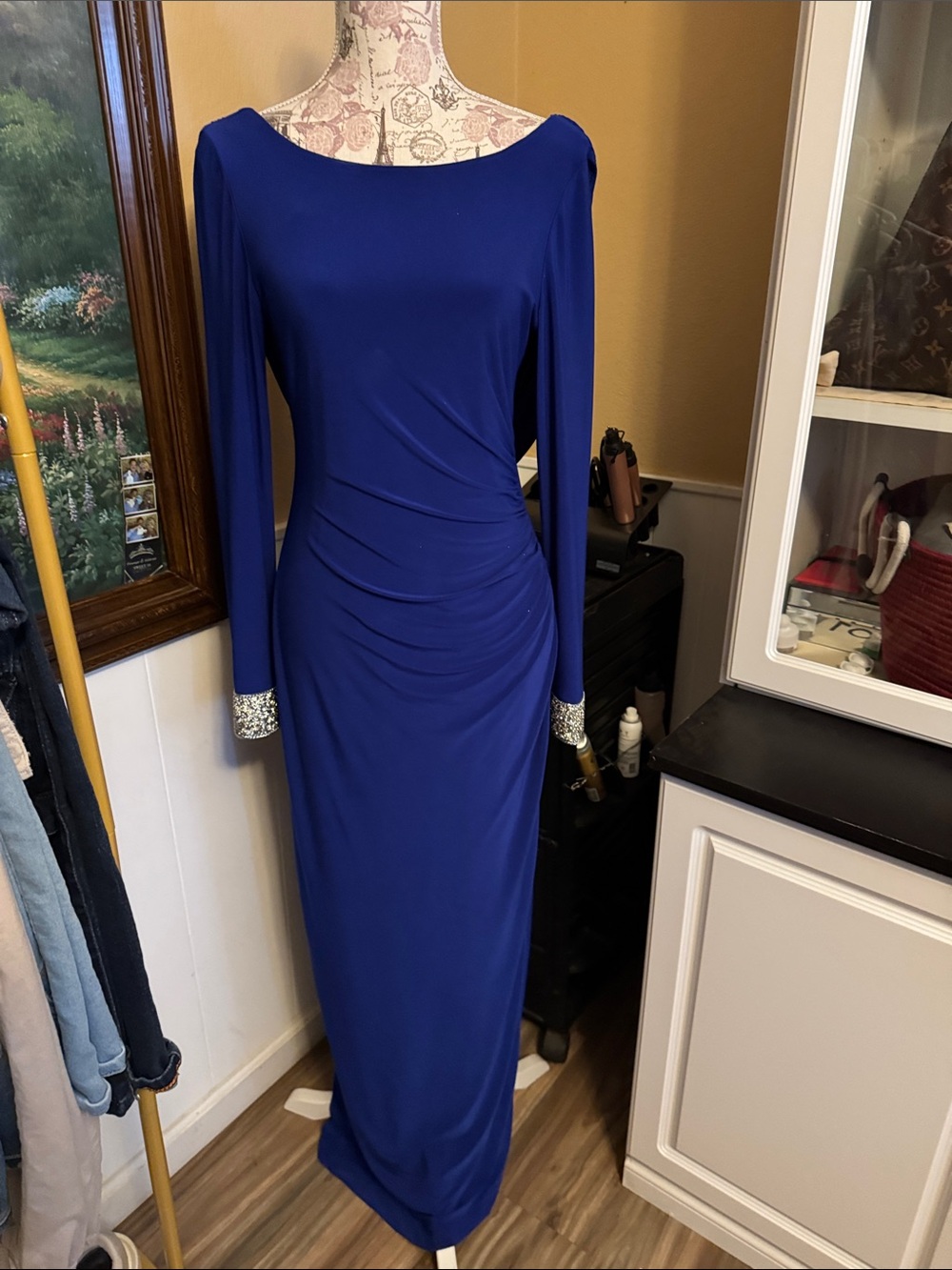 MARINA Cobalt Blue Long-Sleeve Ruched Evening Gown